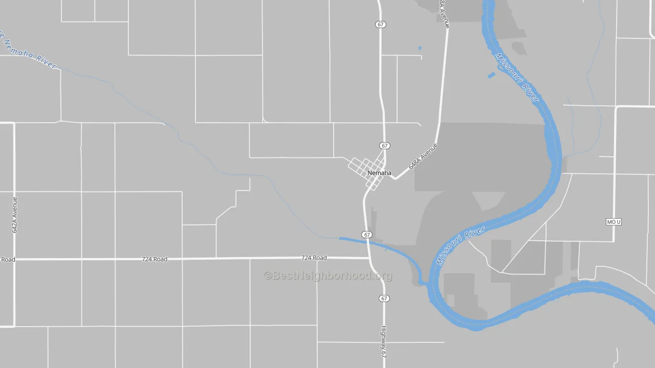 Walk Grade map of Nemaha, NE, walkable areas in green and car-dependent areas in red
