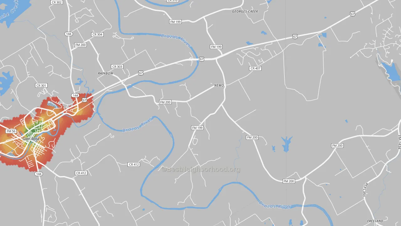 Walk Grade map of Nemo, TX, walkable areas in green and car-dependent areas in red