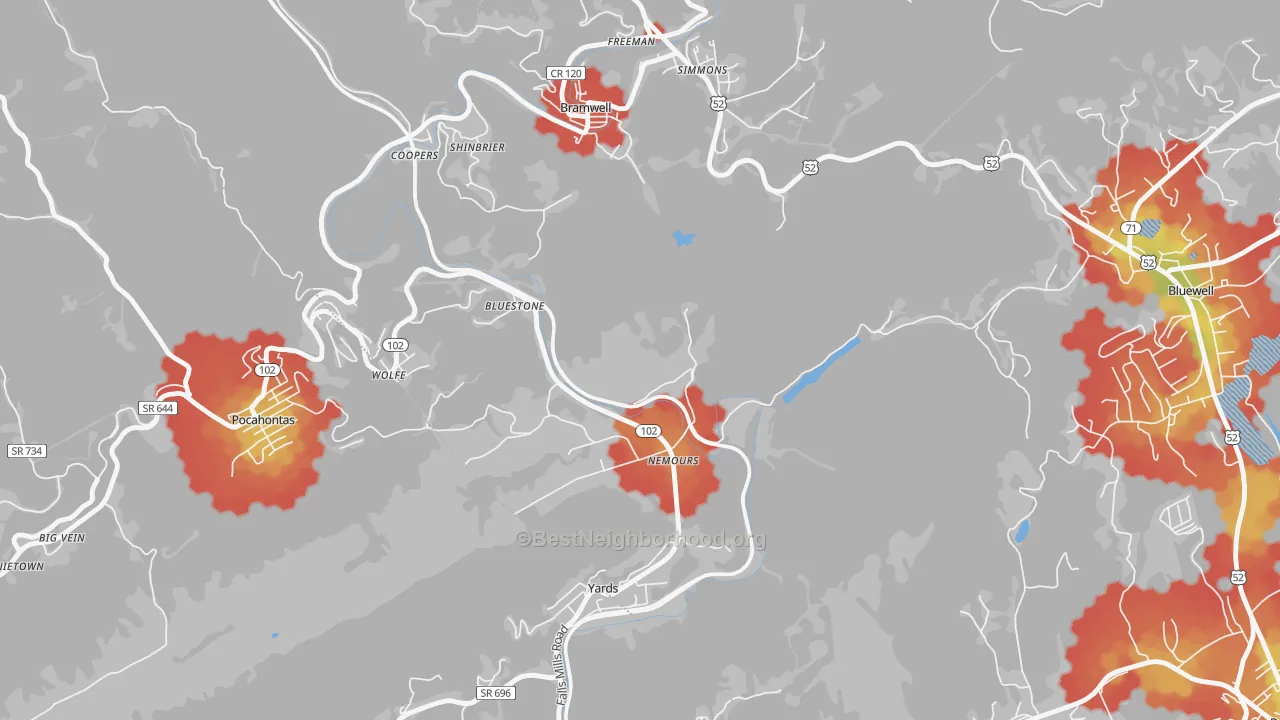 Walk Grade map of Nemours, WV, walkable areas in green and car-dependent areas in red