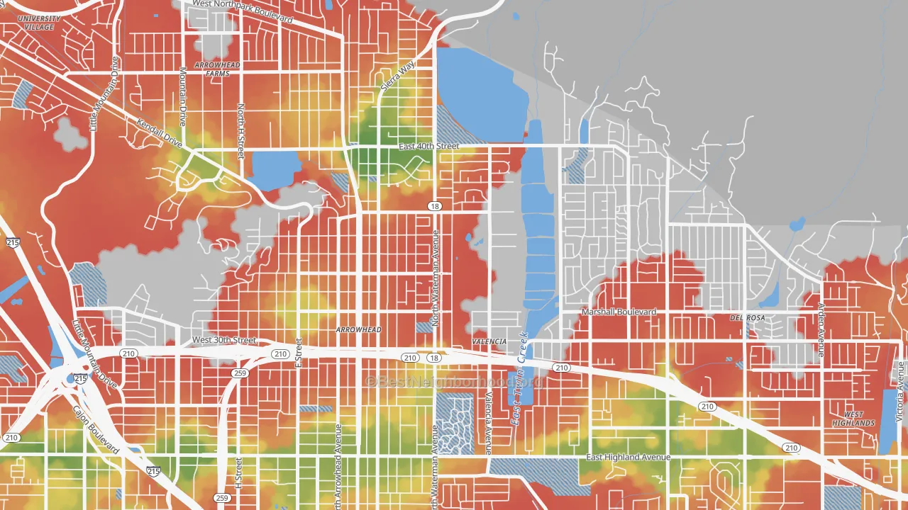 Walk Grade map of Nena, San Bernardino, CA, walkable areas in green and car-dependent areas in red