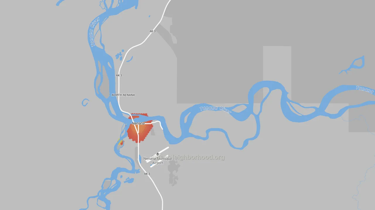 Walk Grade map of Nenana, AK, walkable areas in green and car-dependent areas in red