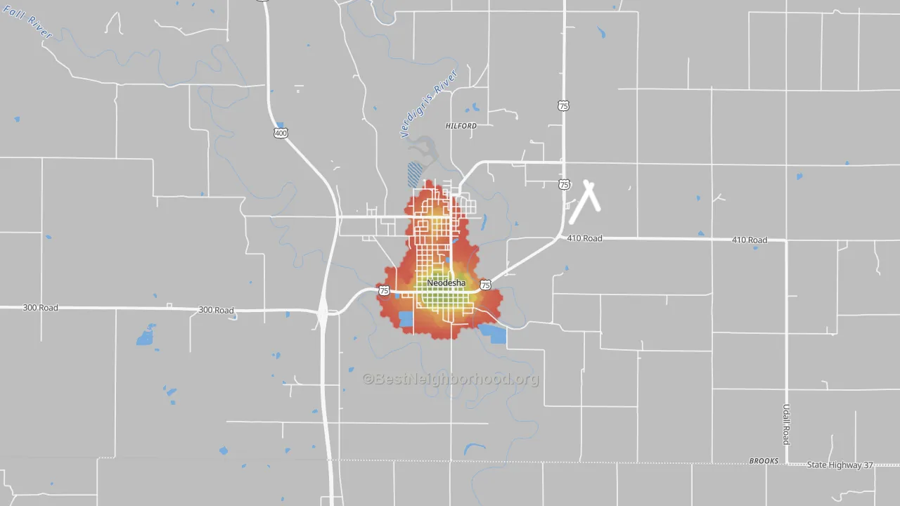 Walk Grade map of Neodesha, KS, walkable areas in green and car-dependent areas in red