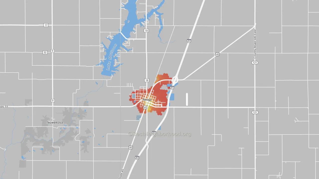 Walk Grade map of Neoga, IL, walkable areas in green and car-dependent areas in red