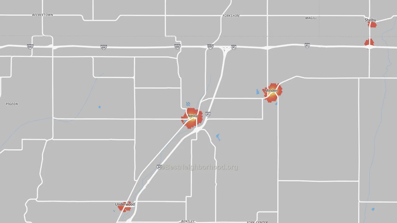 Walk Grade map of Neola, IA, walkable areas in green and car-dependent areas in red