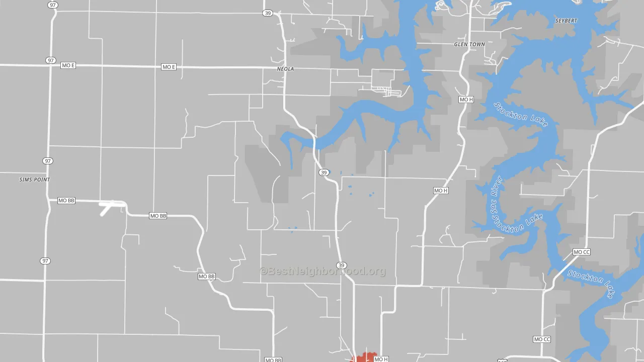 Walk Grade map of Neola, MO, walkable areas in green and car-dependent areas in red