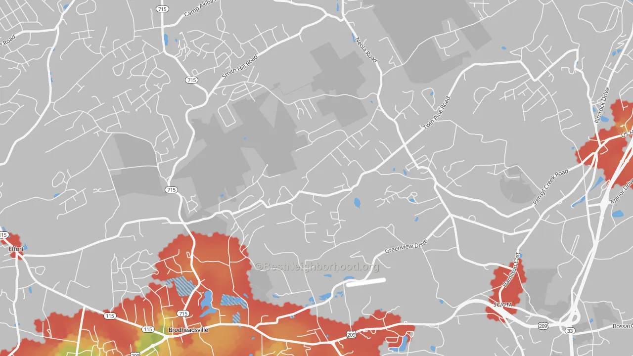 Walk Grade map of Neola, PA, walkable areas in green and car-dependent areas in red