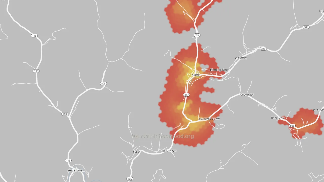 Walk Grade map of Neon, KY, walkable areas in green and car-dependent areas in red