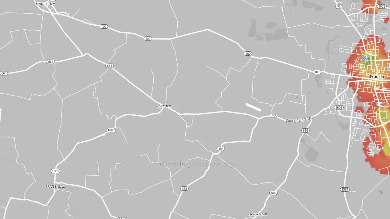 Walk Grade map of Neosheo, KY, walkable areas in green and car-dependent areas in red