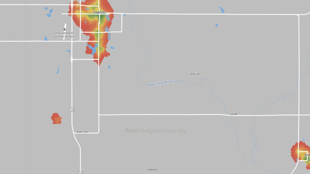 Walk Grade map of Neosho County, KS, walkable areas in green and car-dependent areas in red