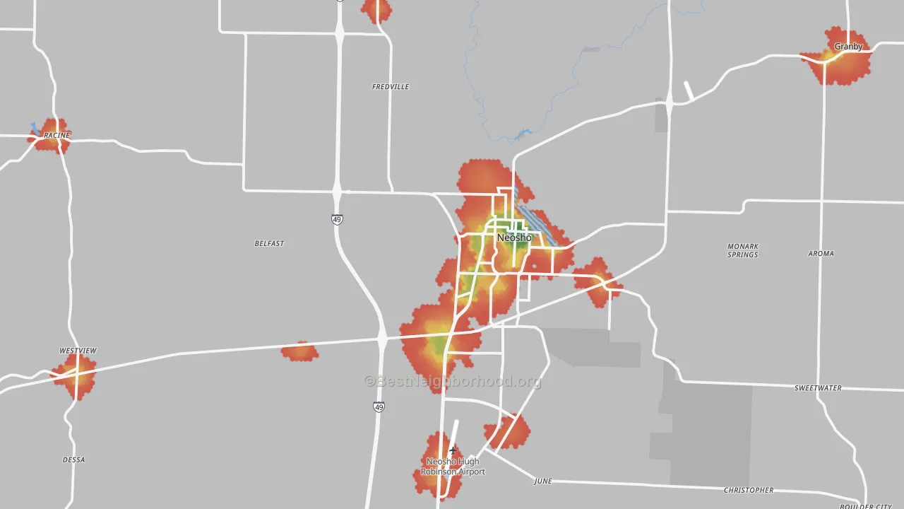 Walk Grade map of Neosho, MO, walkable areas in green and car-dependent areas in red