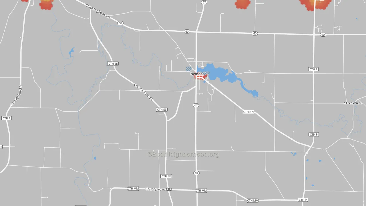 Walk Grade map of Neosho, WI, walkable areas in green and car-dependent areas in red