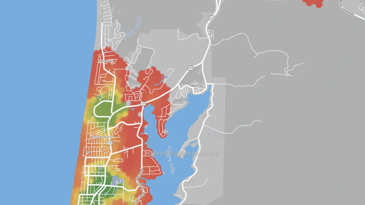 Walk Grade map of Neotsu, OR, walkable areas in green and car-dependent areas in red