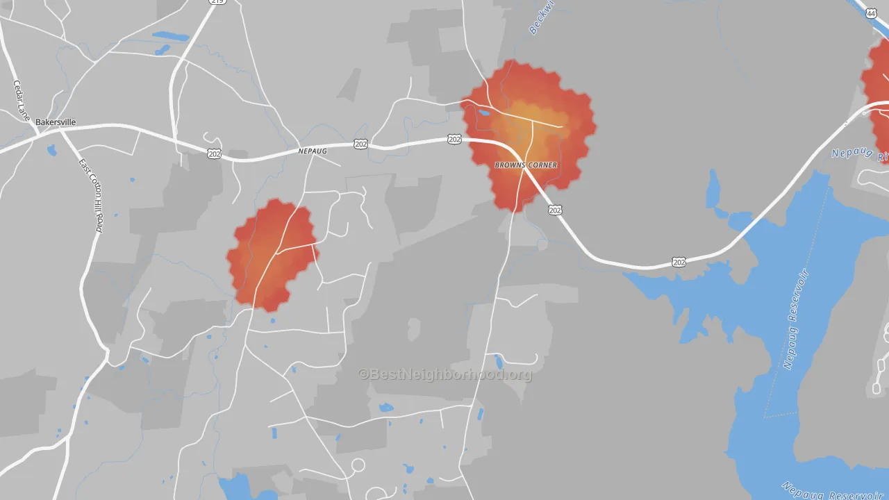 Walk Grade map of Nepaug, CT, walkable areas in green and car-dependent areas in red