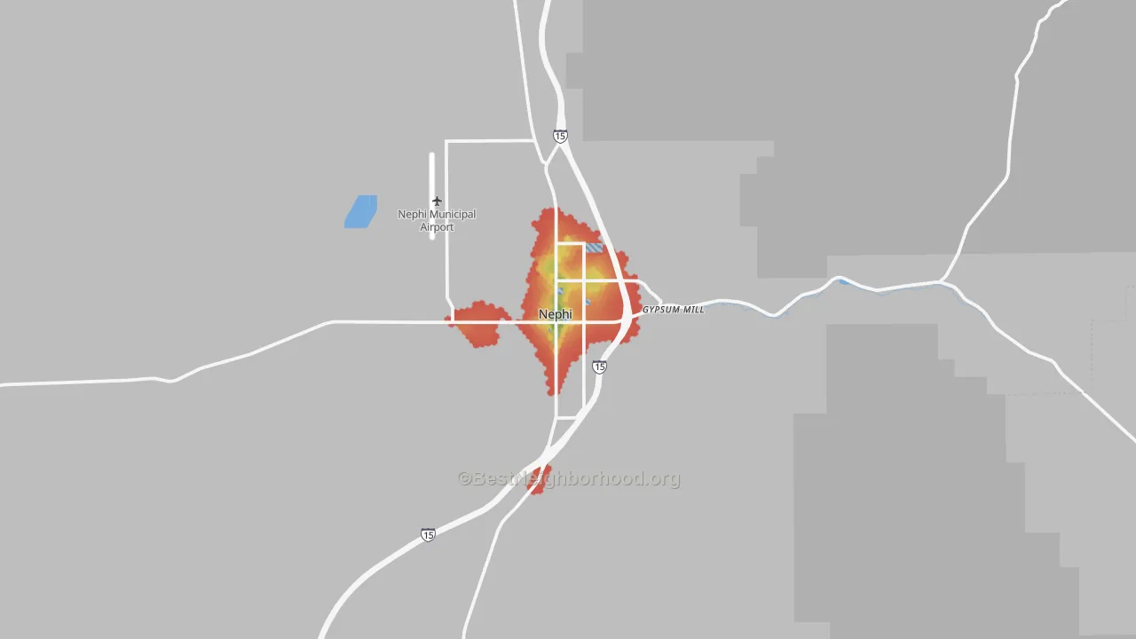 Walk Grade map of Nephi, UT, walkable areas in green and car-dependent areas in red