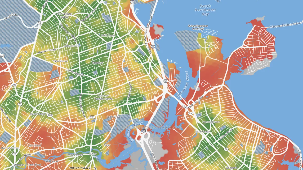 Walk Grade map of Neponset, Boston, MA, walkable areas in green and car-dependent areas in red