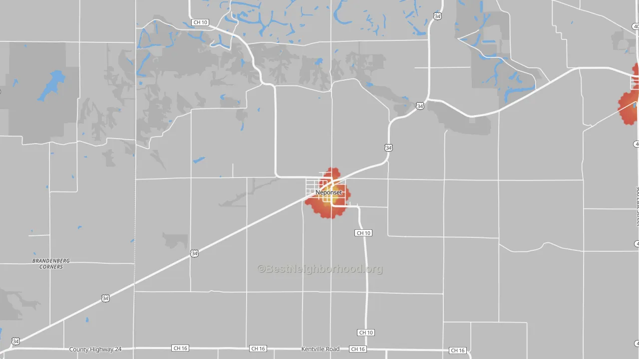 Walk Grade map of Neponset, IL, walkable areas in green and car-dependent areas in red