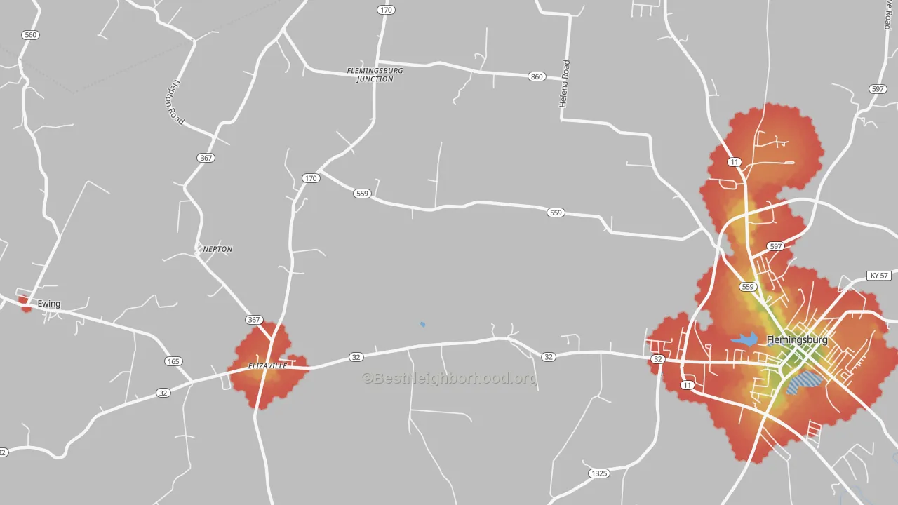 Walk Grade map of Nepton, KY, walkable areas in green and car-dependent areas in red