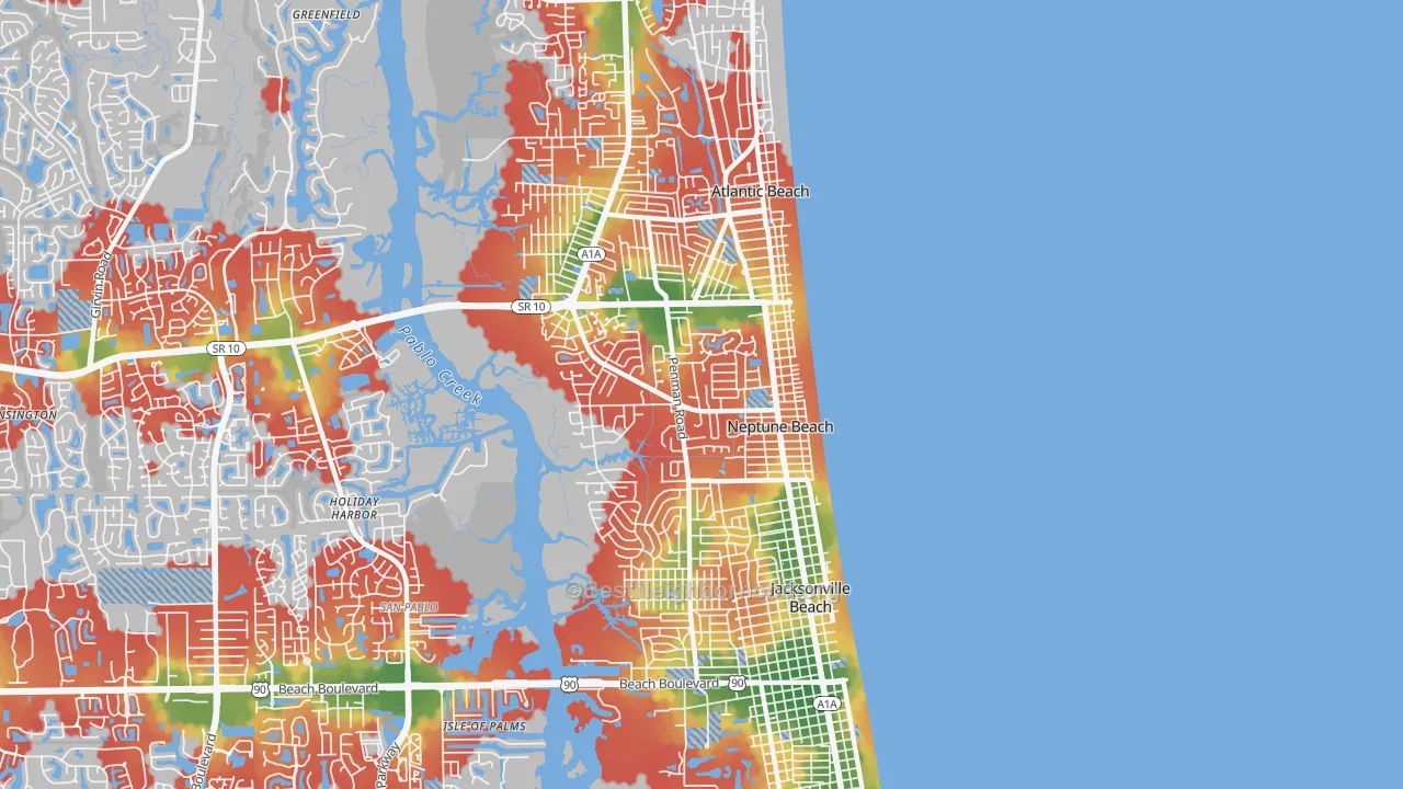 Walk Grade map of Neptune Beach, FL, walkable areas in green and car-dependent areas in red