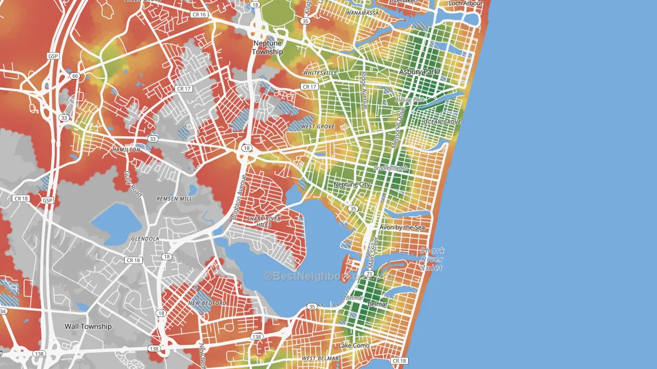 Walk Grade map of Neptune City, NJ, walkable areas in green and car-dependent areas in red