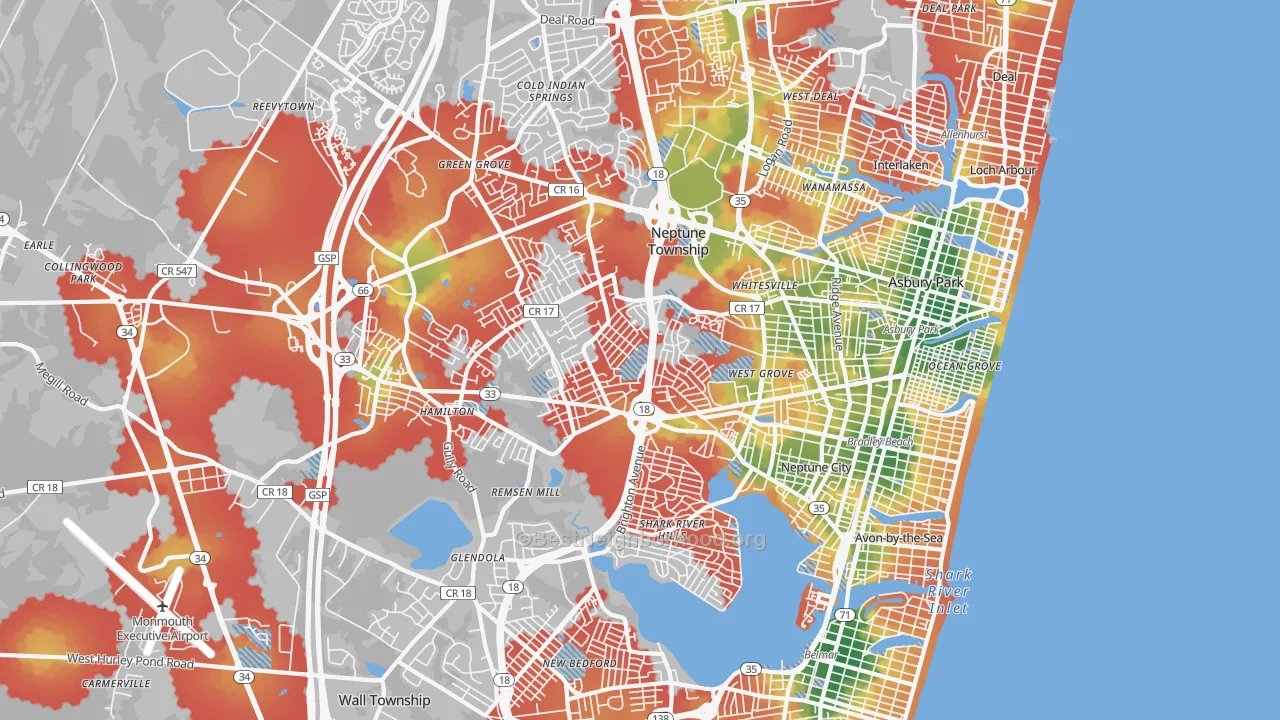Walk Grade map of Neptune, NJ, walkable areas in green and car-dependent areas in red