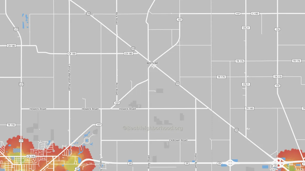 Walk Grade map of Neptune, OH, walkable areas in green and car-dependent areas in red