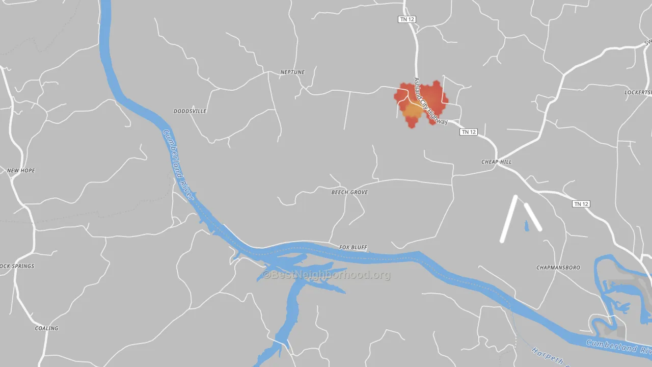 Walk Grade map of Neptune, TN, walkable areas in green and car-dependent areas in red