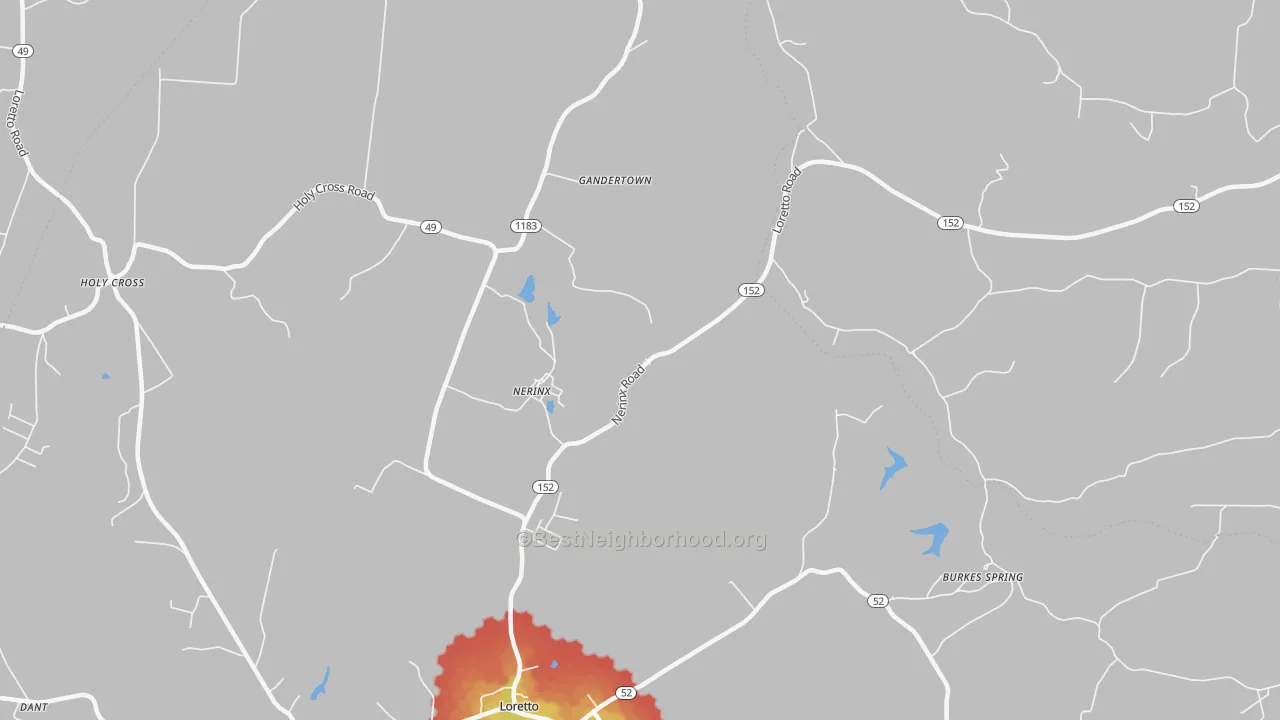 Walk Grade map of Nerinx, KY, walkable areas in green and car-dependent areas in red