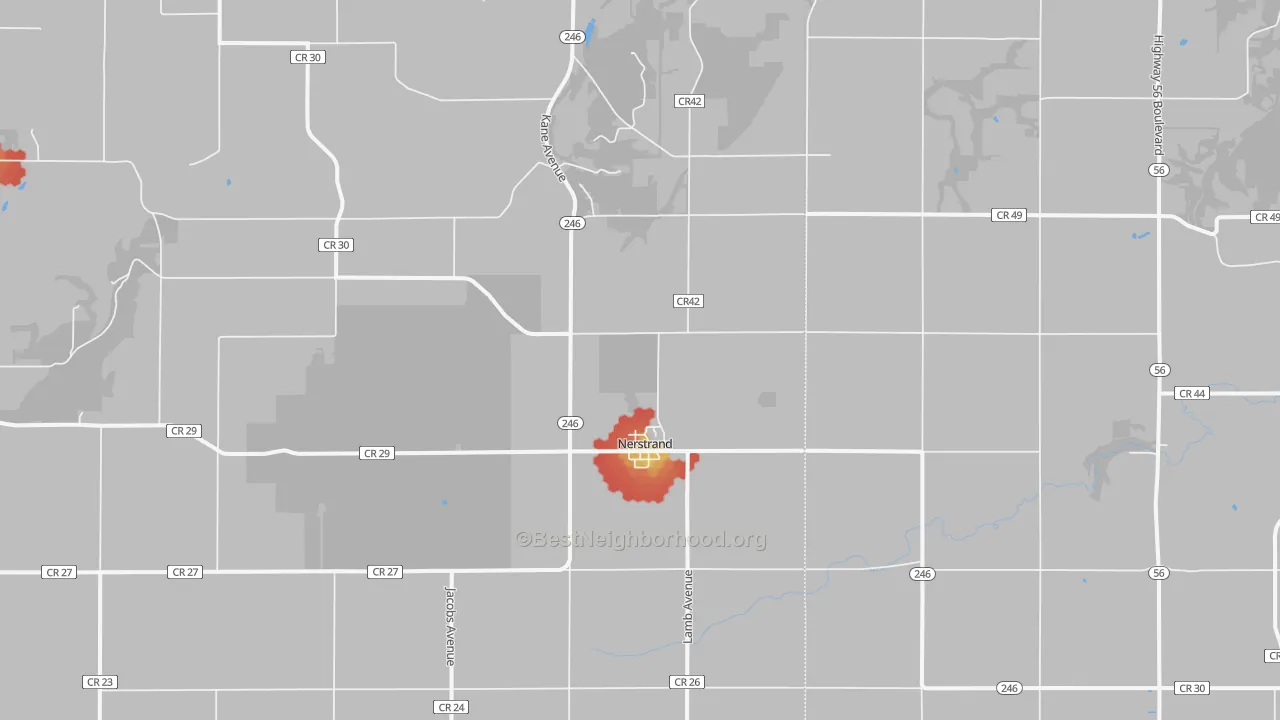 Walk Grade map of Nerstrand, MN, walkable areas in green and car-dependent areas in red