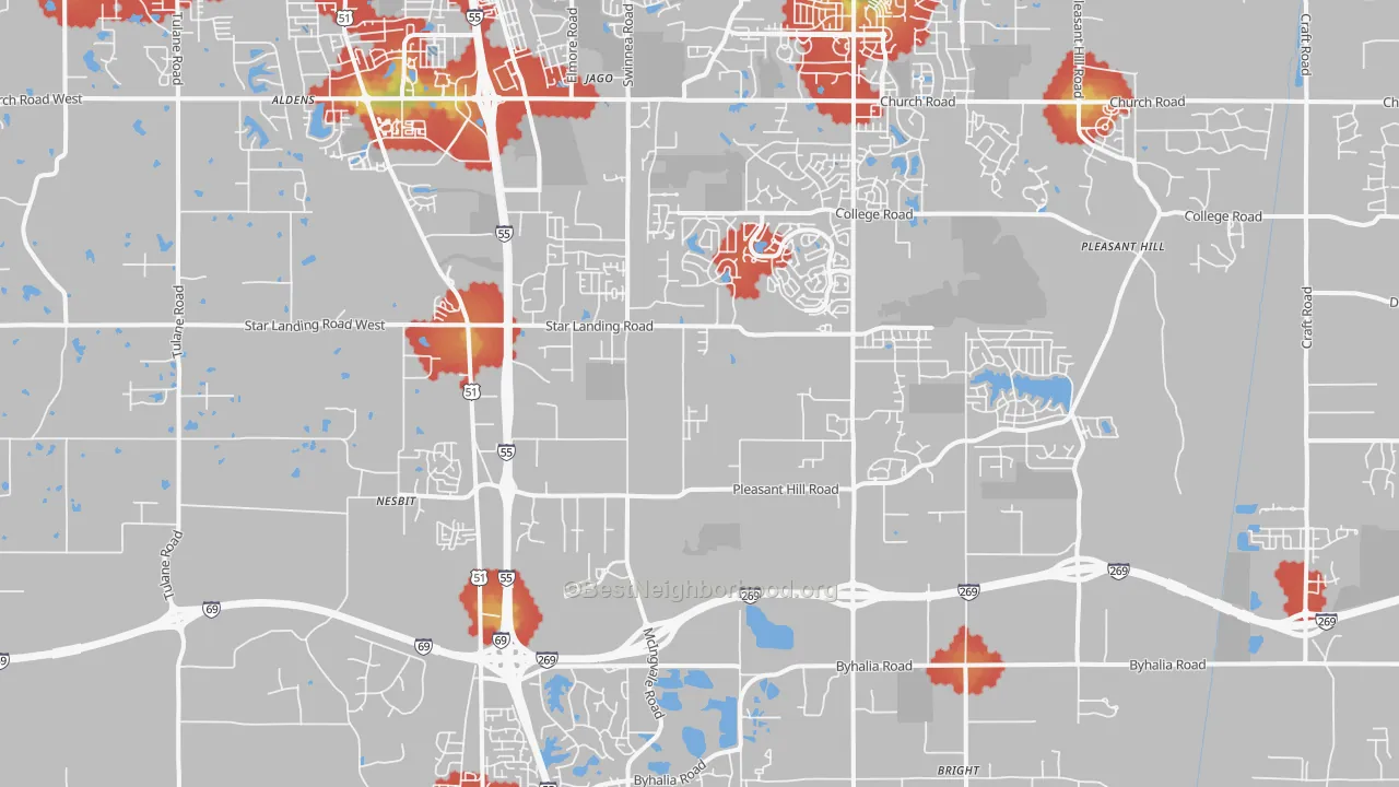 Walk Grade map of Nesbit, MS, walkable areas in green and car-dependent areas in red