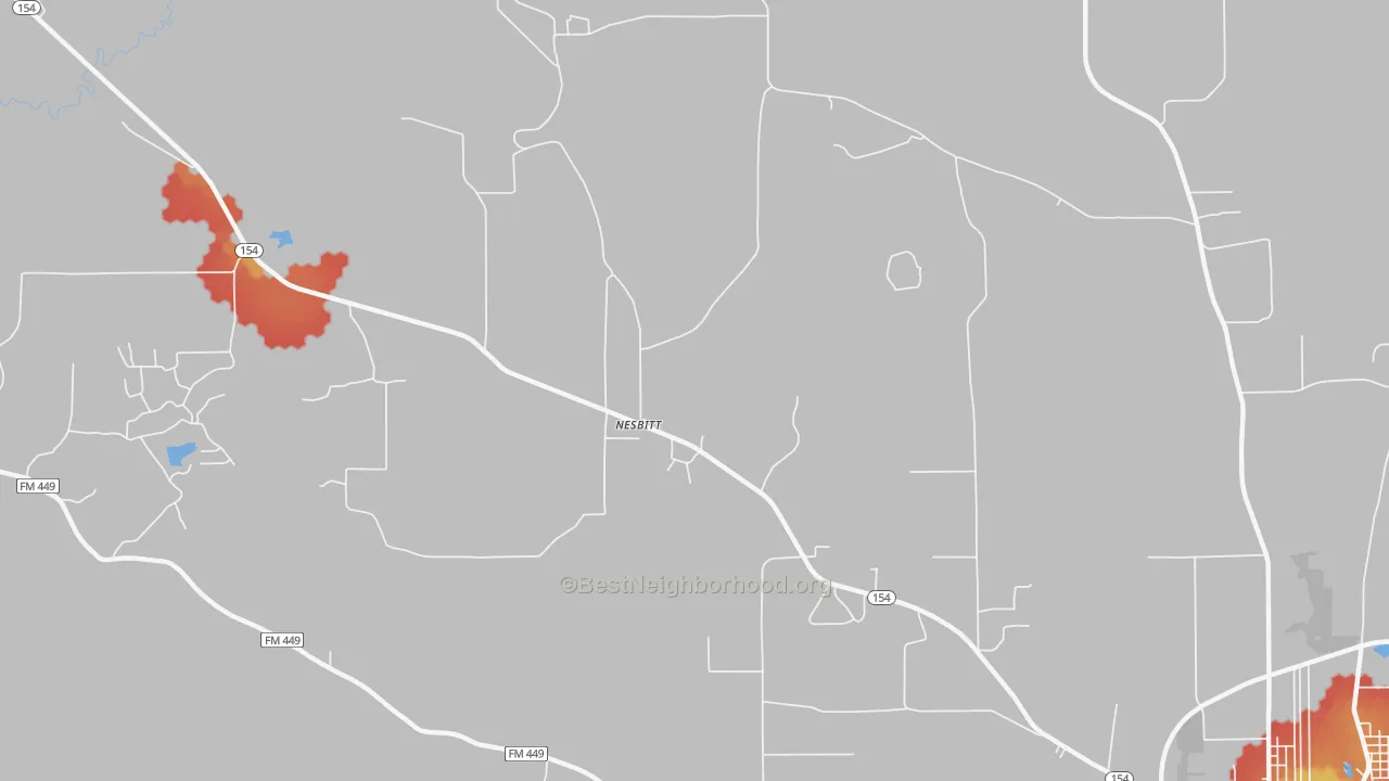 Walk Grade map of Nesbitt, TX, walkable areas in green and car-dependent areas in red