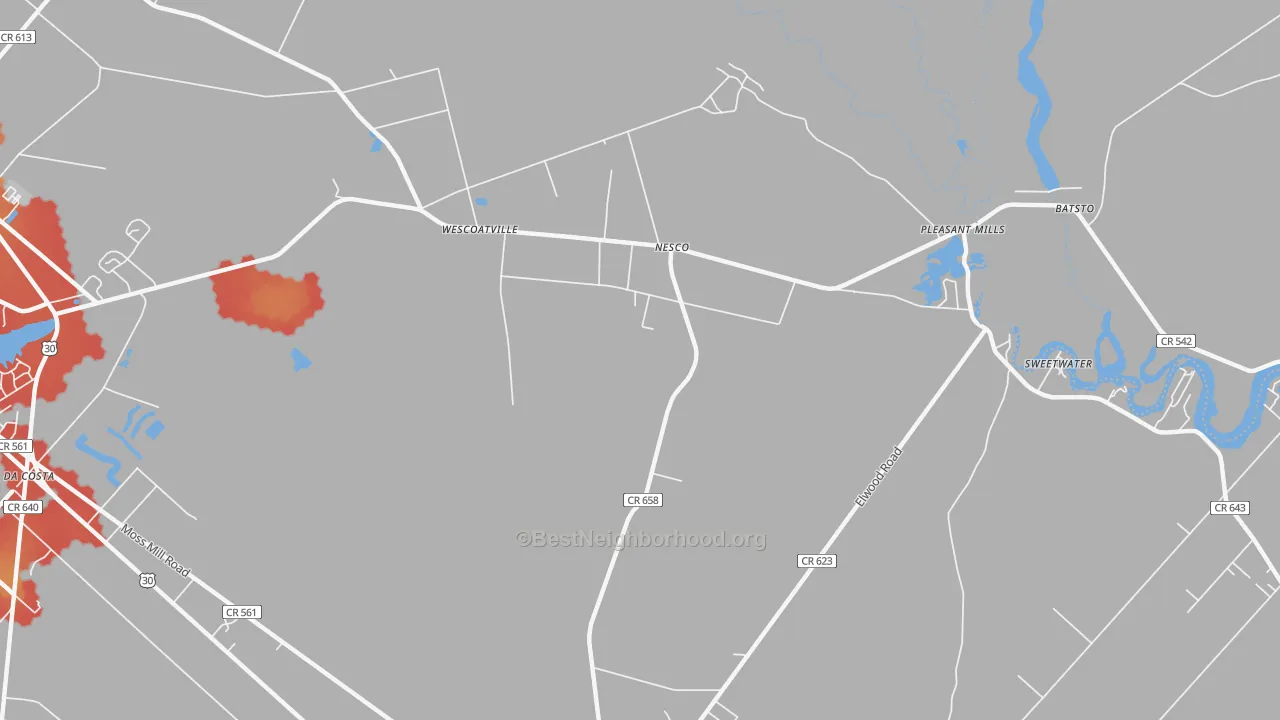 Walk Grade map of Nesco, NJ, walkable areas in green and car-dependent areas in red