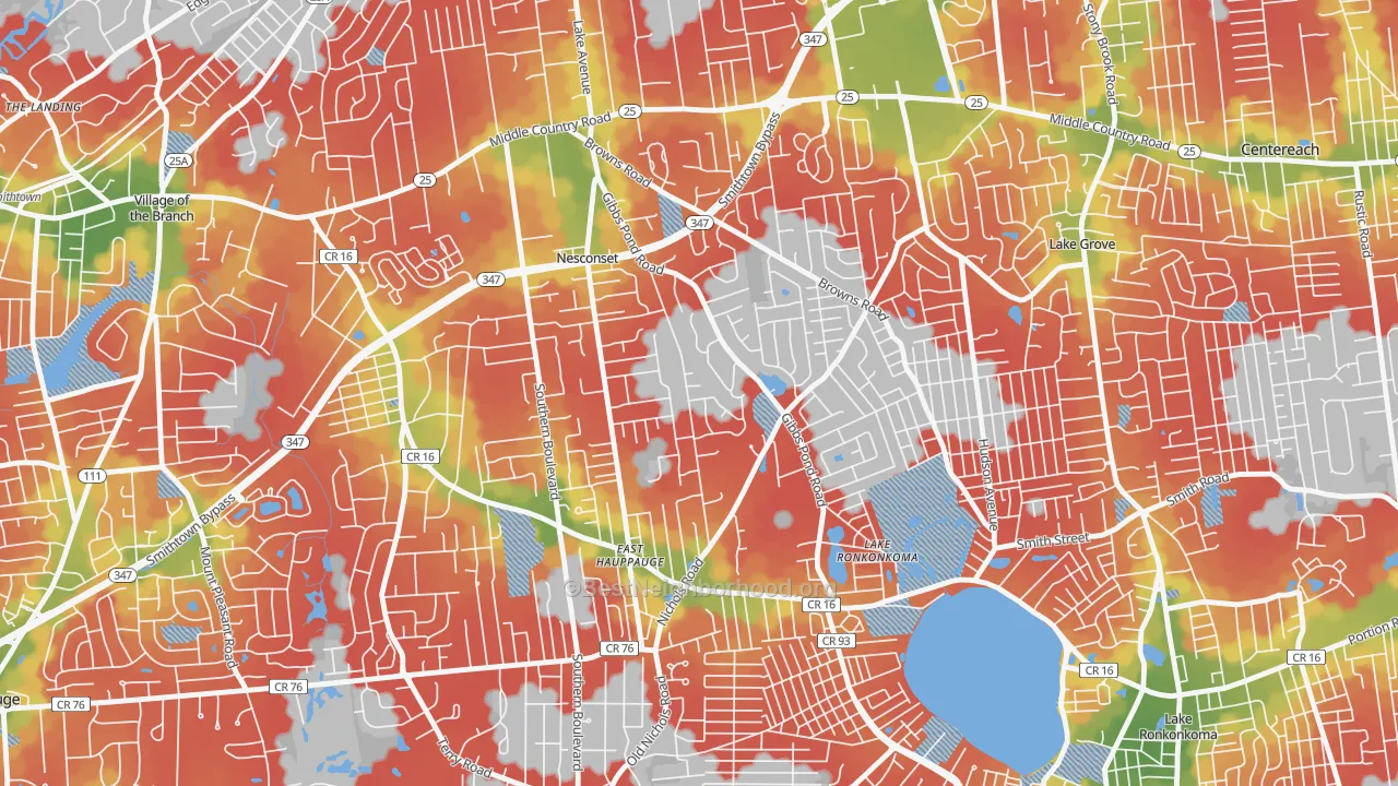 Walk Grade map of Nesconset, NY, walkable areas in green and car-dependent areas in red
