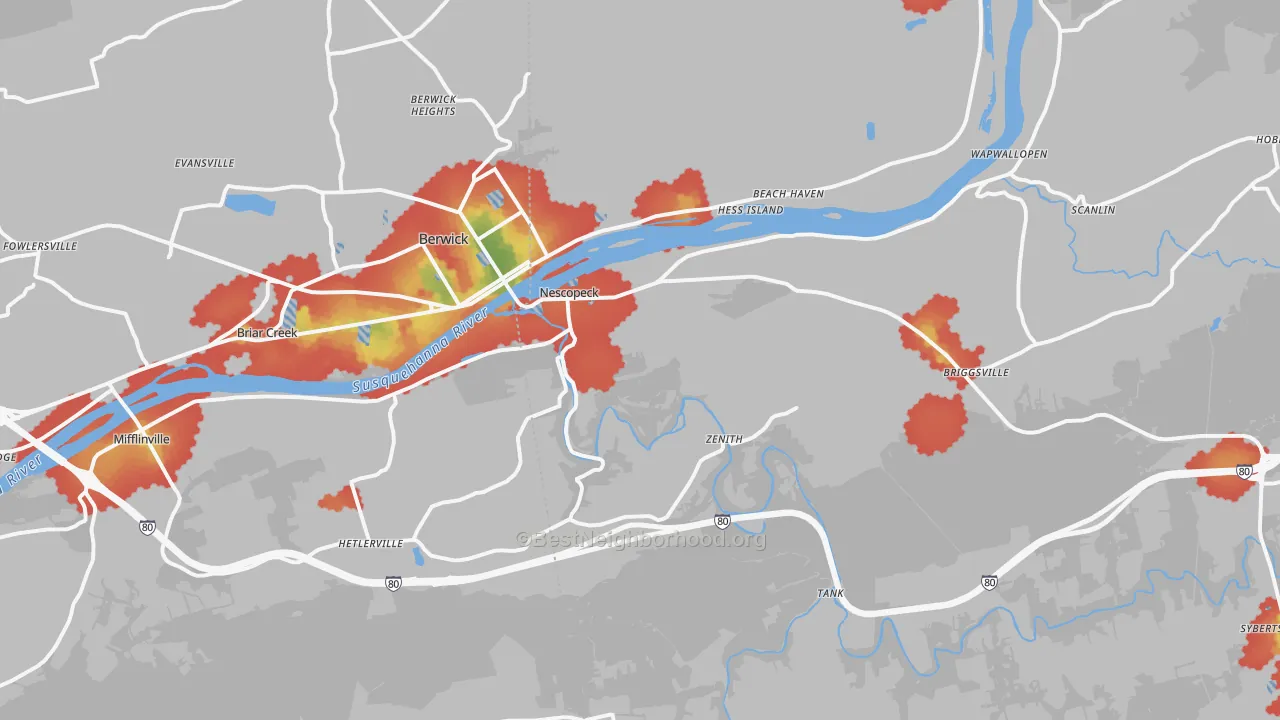 Walk Grade map of Nescopeck, PA, walkable areas in green and car-dependent areas in red