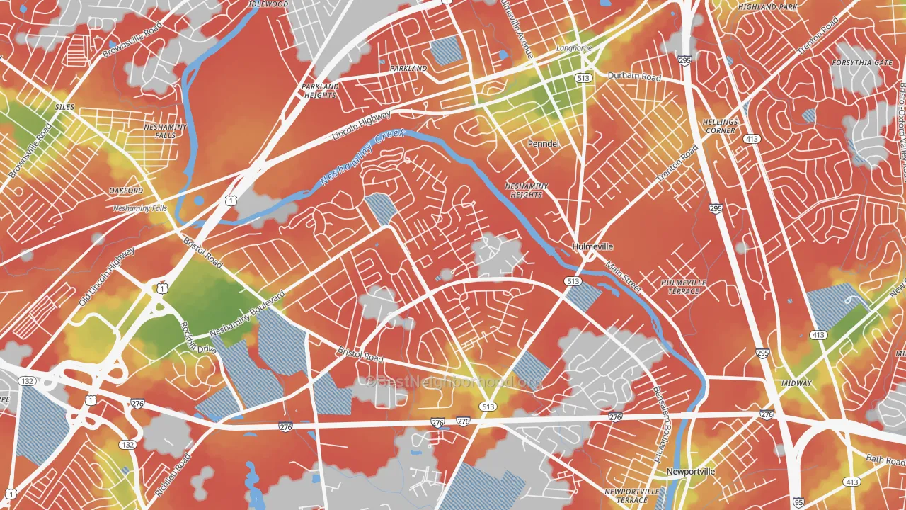 Walk Grade map of Neshaminy Valley, Bensalem, PA, walkable areas in green and car-dependent areas in red