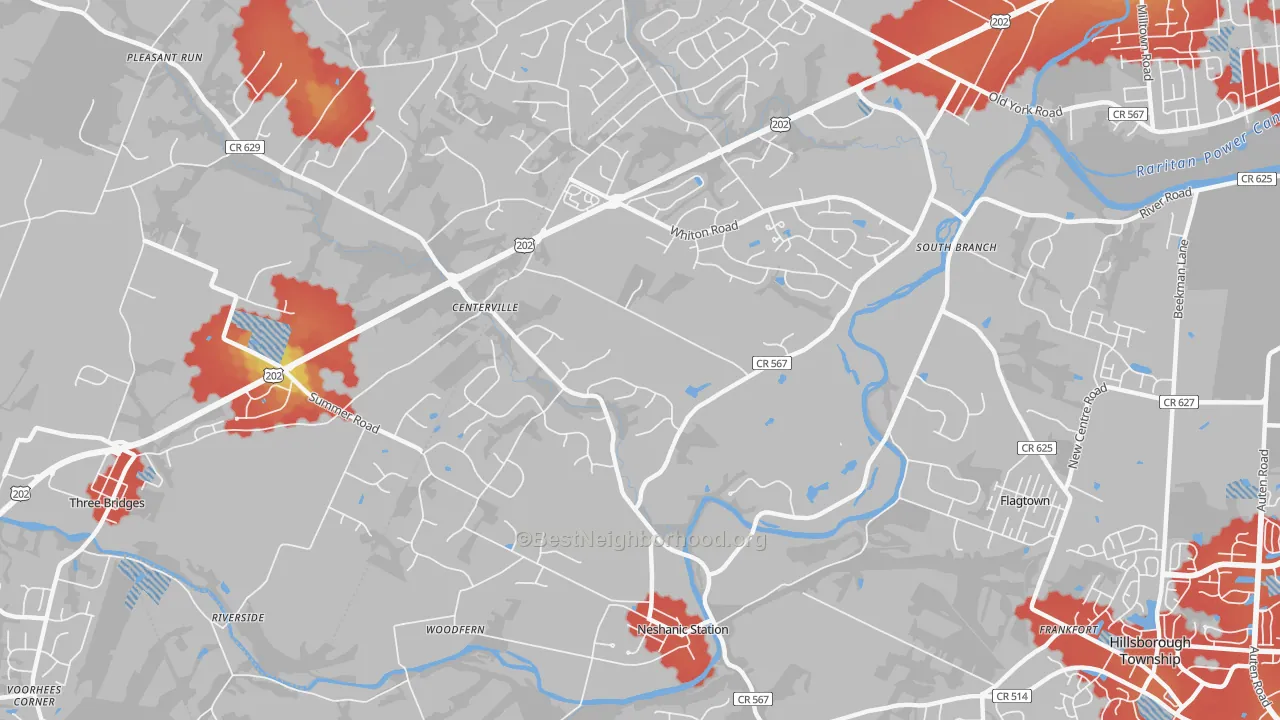 Walk Grade map of Neshanic Station, NJ, walkable areas in green and car-dependent areas in red