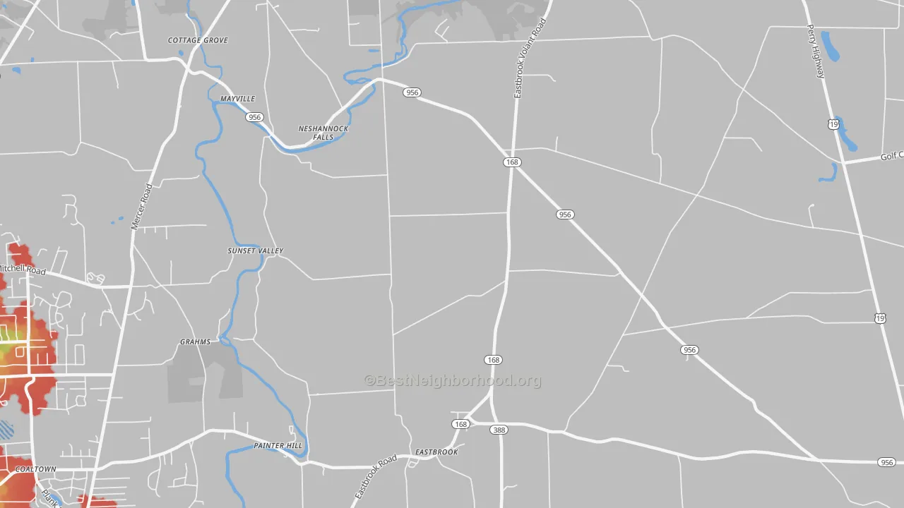 Walk Grade map of Neshannock Falls, PA, walkable areas in green and car-dependent areas in red