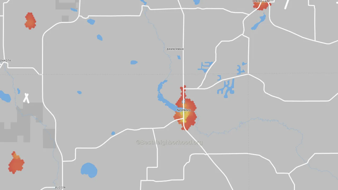 Walk Grade map of Neshkoro, WI, walkable areas in green and car-dependent areas in red