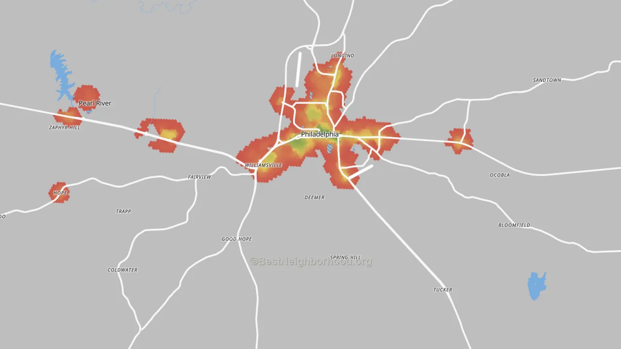 Walk Grade map of Neshoba County, MS, walkable areas in green and car-dependent areas in red