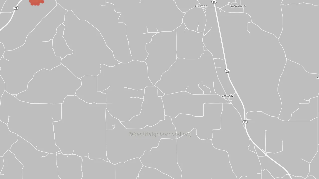 Walk Grade map of Neshoba, MS, walkable areas in green and car-dependent areas in red