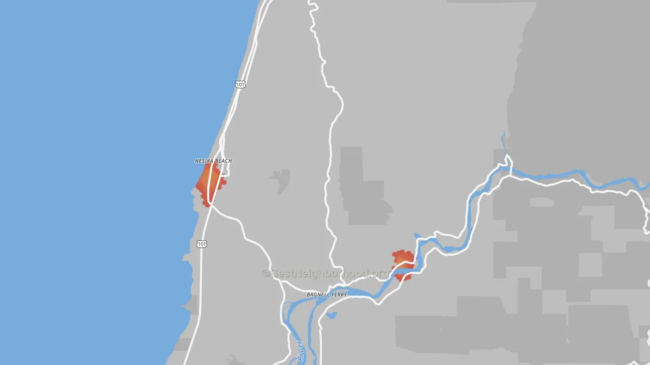 Walk Grade map of Nesika Beach, OR, walkable areas in green and car-dependent areas in red