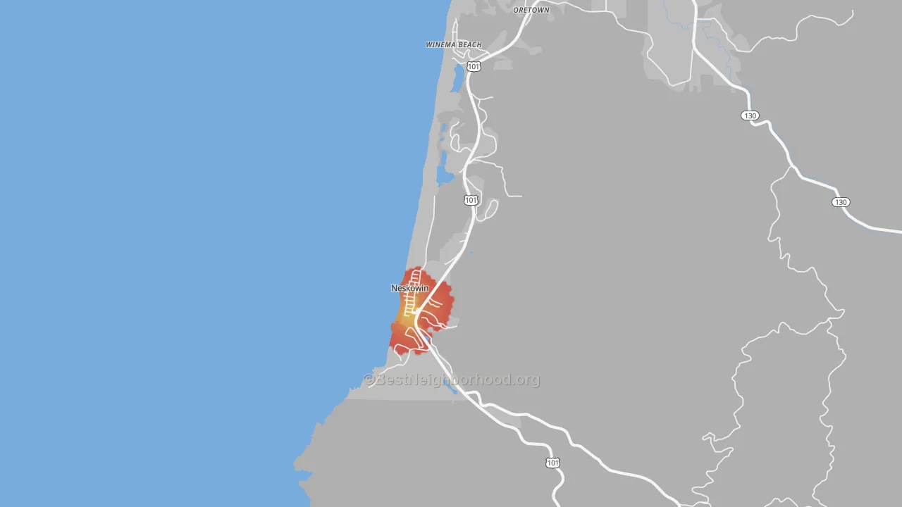 Walk Grade map of Neskowin, OR, walkable areas in green and car-dependent areas in red