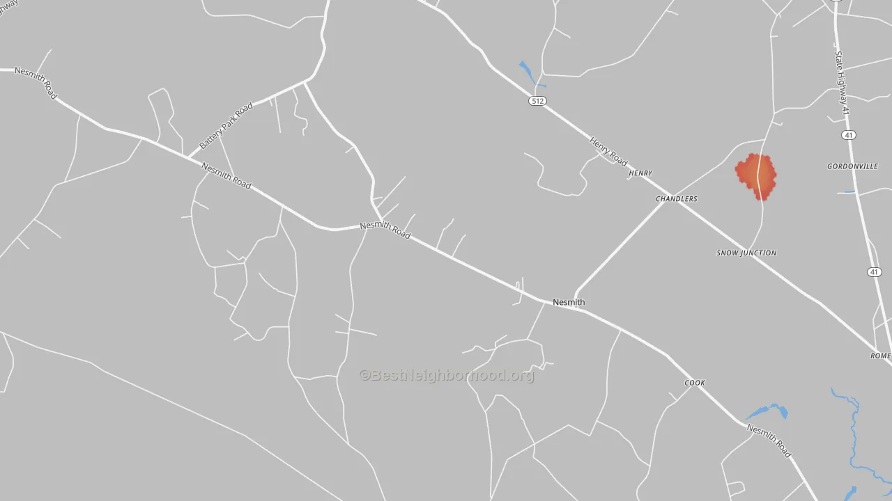 Walk Grade map of Nesmith, SC, walkable areas in green and car-dependent areas in red