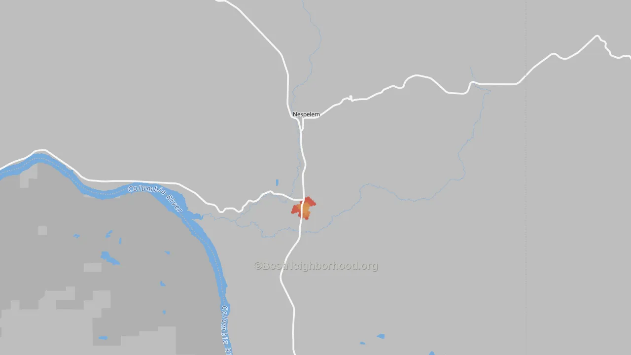 Walk Grade map of Nespelem, WA, walkable areas in green and car-dependent areas in red