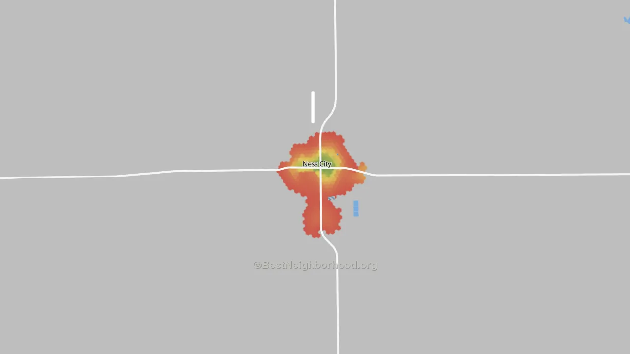 Walk Grade map of Ness City, KS, walkable areas in green and car-dependent areas in red