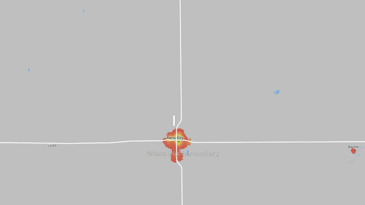 Walk Grade map of Ness County, KS, walkable areas in green and car-dependent areas in red
