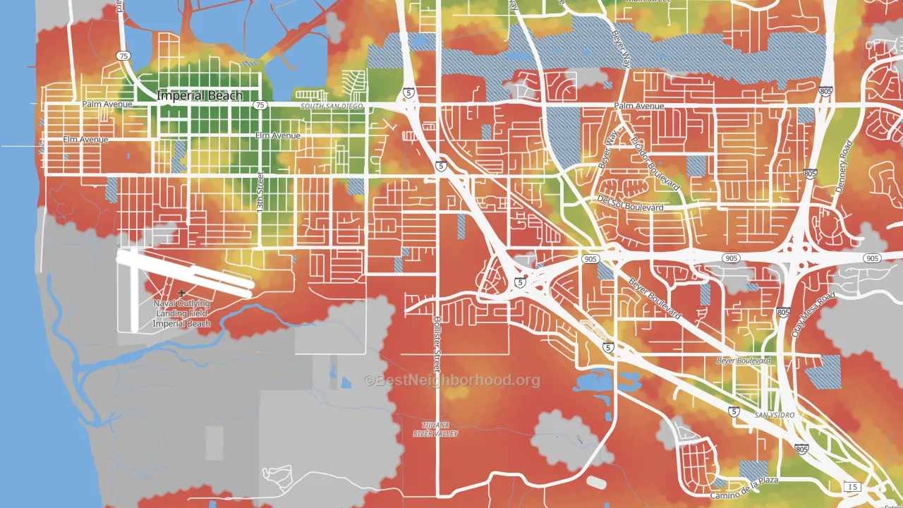 Walk Grade map of Nestor, San Diego, CA, walkable areas in green and car-dependent areas in red
