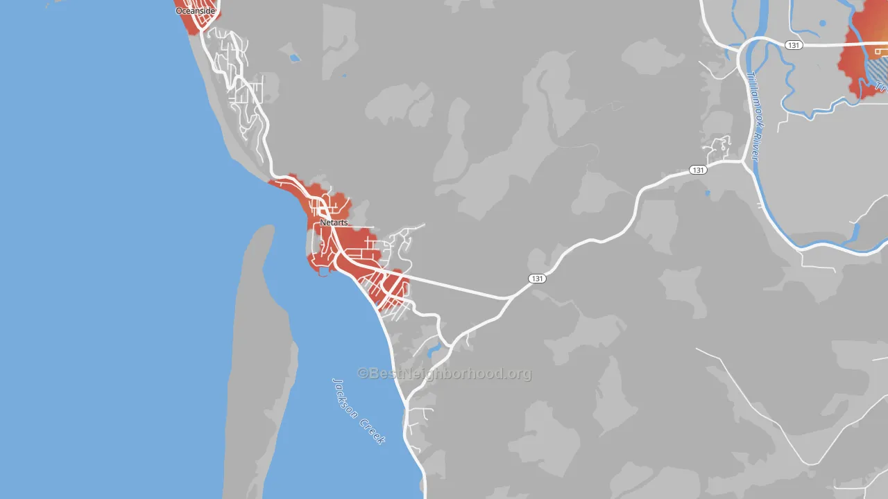 Walk Grade map of Netarts, OR, walkable areas in green and car-dependent areas in red