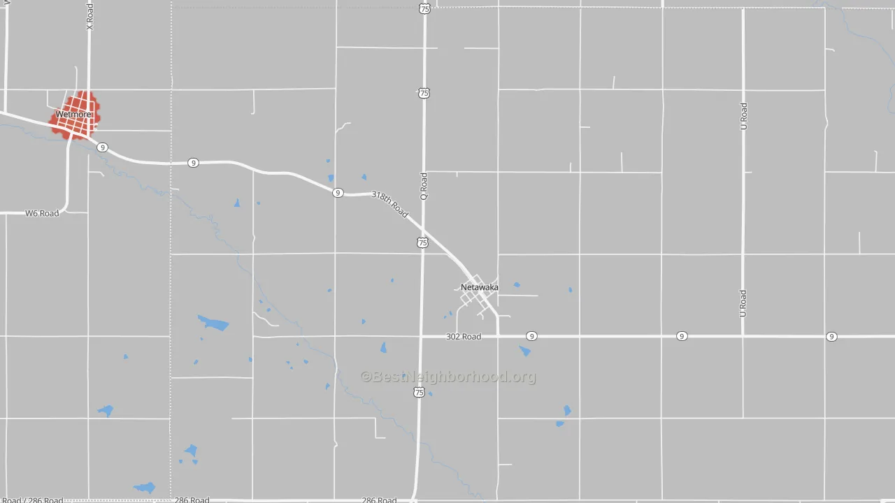 Walk Grade map of Netawaka, KS, walkable areas in green and car-dependent areas in red