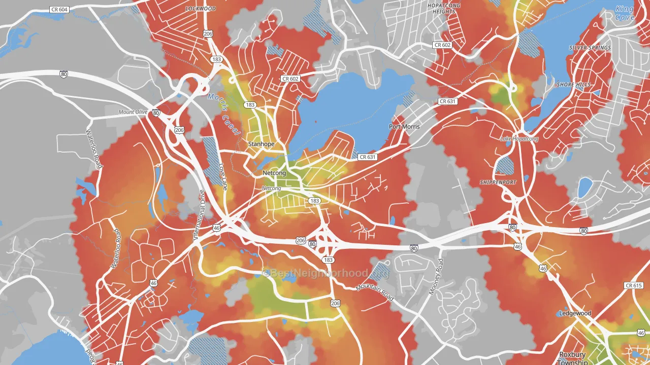 Walk Grade map of Netcong, NJ, walkable areas in green and car-dependent areas in red