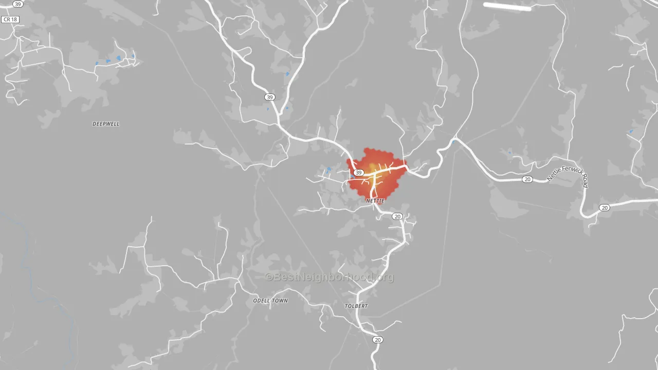 Walk Grade map of Nettie, WV, walkable areas in green and car-dependent areas in red